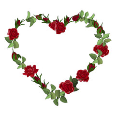 Vector heart frame of red roses flowers isolated on a white background.