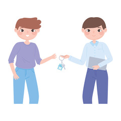 agent with owner giving key to new house