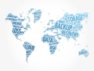 Fototapeta na wymiar Backup word cloud in shape of world map, technology concept background