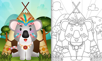 Naklejka premium coloring book for kids with a cute tribal boho koala character illustration