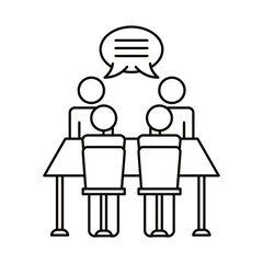 four workers talking in table coworking line style icon
