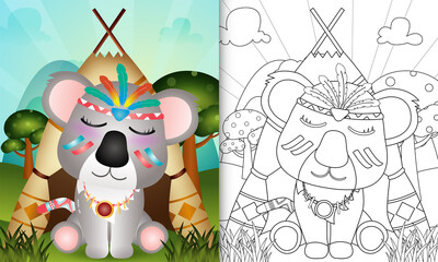 coloring book for kids with a cute tribal boho koala character illustration