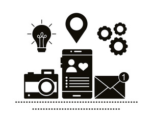 profile avatar with heart in smartphone and set icons block style icon