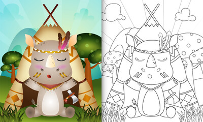 coloring book for kids with a cute tribal boho rhino character illustration