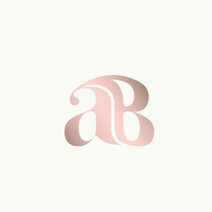 AB monogram logo.Abstract luxury typographic icon.Decorative letter a and letter b.Rose gold lettering sign isolated on light background.Alphabet initials.Elegant style character shapes.