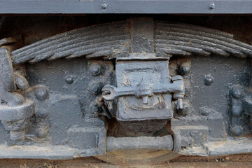 Close-up of undercarriage retro tram.
