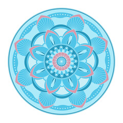 Mandala vector. A symmetrical round blue and pink monochrome ornament.