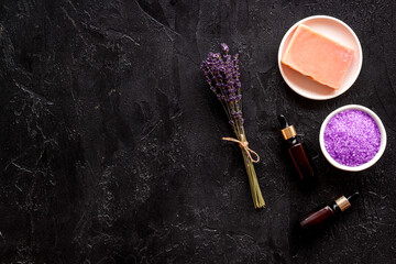 Obraz na płótnie Canvas Lavender essential oil soap and sea salt, top view
