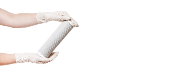 cartridge filter for drinking water purification carbon mesh demonstrate holding in hands in...