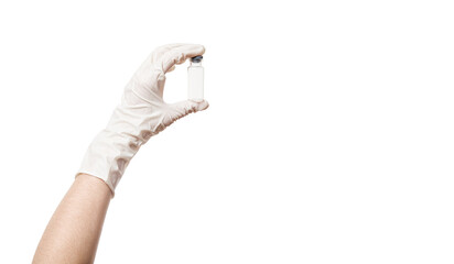 human hand in a sterile glove holds a glass transparent bottle with a rubber cap close-up, banner...