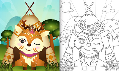 coloring book for kids with a cute tribal boho deer character illustration
