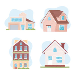 Fototapeta premium new home, icons set different houses in brick wood building style