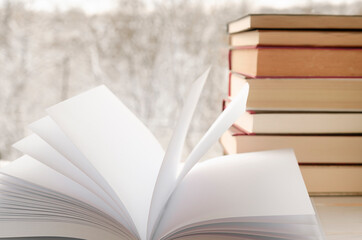 A clean mock-up of the white open book lies on the windowsill against the backdrop of the forest