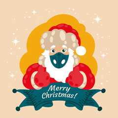 Isolated Christmas Character of Santa Claus in a Hygienic Mask with a Beard, Hat and New Year Mittens with Ribbon. For Wrapping Paper, Background, Gifts to Covid-19 period