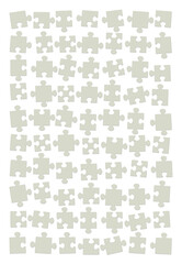 Jigsaw puzzle back side. Scattered, shuffled, and assorted green cardboard pieces, but not put together yet. Isolated vector illustration on white background.
