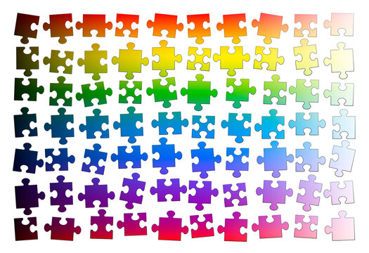 Puzzle pieces. Assorted rainbow gradient colored jigsaw puzzle pieces, but not put together yet. Isolated vector illustration on white background.
