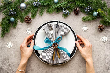 Christmas dinner background. Table setting top view