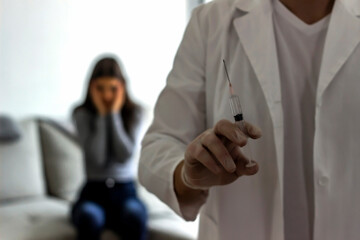 Photo of a recognizable male doctor hand,preparing syringe to injecting vaccine to female patient.Portrait of young male nurse holding injection with young patient in the background.Home care concept