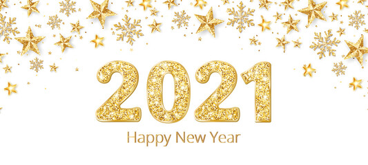 Holiday banner with golden decoration. 2021 numbers and Happy new year text. Glitter snowflakes and stars frame. Vector background. For Christmas and winter season cards, headers, party posters.