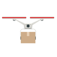 Drone delivery. Quadcopter carrying a package to customer. Delivery of a cardboard box drone by air isolated on white background. Front view