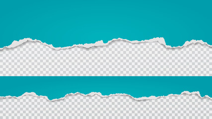 Piece of torn, ripped turquoise paper with soft shadow are on white transparent background for text. Vector illustration