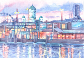 The city of Helsinki is the capital of Finland, a view of the cathedral and the pier with lights in the evening hour, watercolor drawing