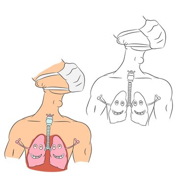 Vector illustration of isolated anatomy, lungs, medical mask in two views, on a white background. Simple flat style.