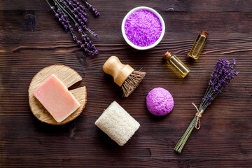 Fototapeta na wymiar Spa and wellness set of lavender cosmetic pharmacy products