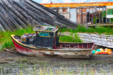 Fototapeta na wymiar Rotting Boat along Kachemak Bay