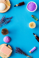 Frame of beauty treatment -lavender bath salt and essential oil