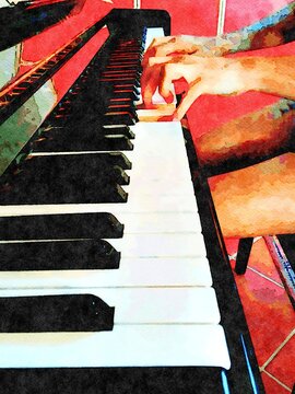 Digital watercolor style of two hands playing on an acoustic piano
