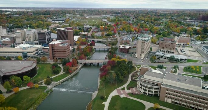 Aerial footage of downtown Flint, Michigan in the fall.