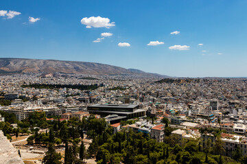 panorama of the ancient greek city on a clear sunny summer day. visible sun rays.