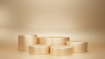 3d rendering cylinder gold background with geometric shapes, podium on the floor. Platforms for product presentation, Abstract minimal composition design, show product stand