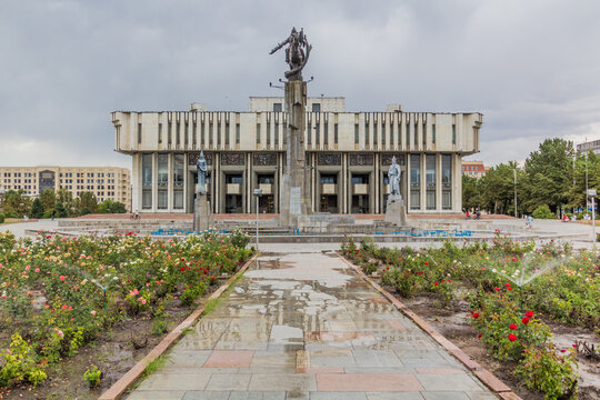 Philarmonic Hall Named Toktogul Satylganov and Manas Statue in Bishkek, capital of Kyrgyzstan.