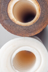 Water filter cartridge white new and used with rusty, reverse osmosis system