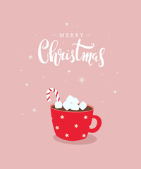 Merry Christmas cute greeting card design with handwritten calligraphy and hot chocolate drink with marshmallow. - Vector