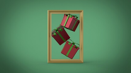 New Year and Christmas red cherry gift box with green ribbon on soft green background with gold frame 3d render illustration