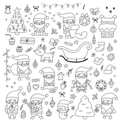 Christmas vector set with Santa, spruce, presents, snowman, deer, sweets and decorations. Outline illustration. Coloring page for children. Winter holidays.