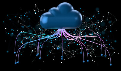 Data cloud storage network from lines, triangles and particle style design.