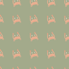 Crab simple pink silhouettes seamless pale pattern. Light green background. Nature backdrop.