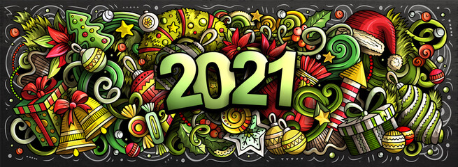 2021 doodles horizontal illustration. New Year objects and elements poster