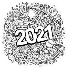 2021 hand drawn doodles illustration. New Year objects and elements poster
