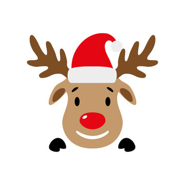 Cute red-nosed reindeer with Santa hat. Deer face. Vector illustration