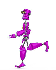 funny robot cartoon jogging in front in a white background
