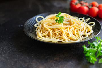 spaghetti pasta second course ready to eat on the table meal snack top view copy space for text food background rustic