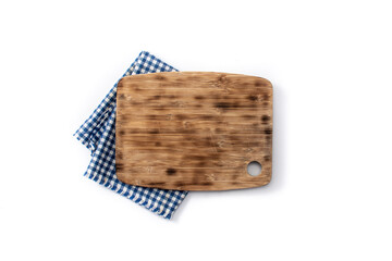 Cutting board mockup and blue tablecloth isolated on white background. Top view. 
