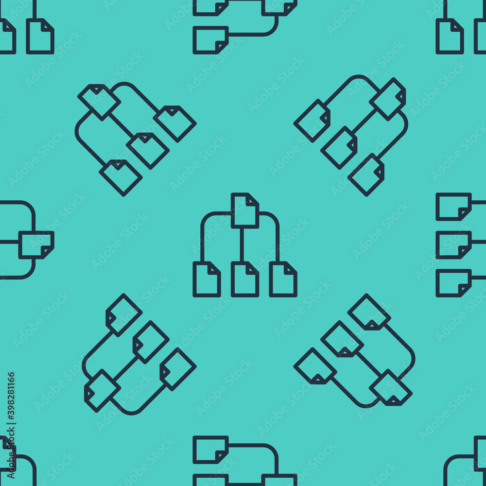 Aufkleber black line folder tree icon isolated seamless pattern on green background. computer network file fol