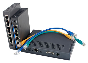 two routers, LAN cables and modem