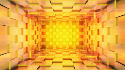 Abstract neon light corridor, concept Golden matrix box design., 3D Rendering